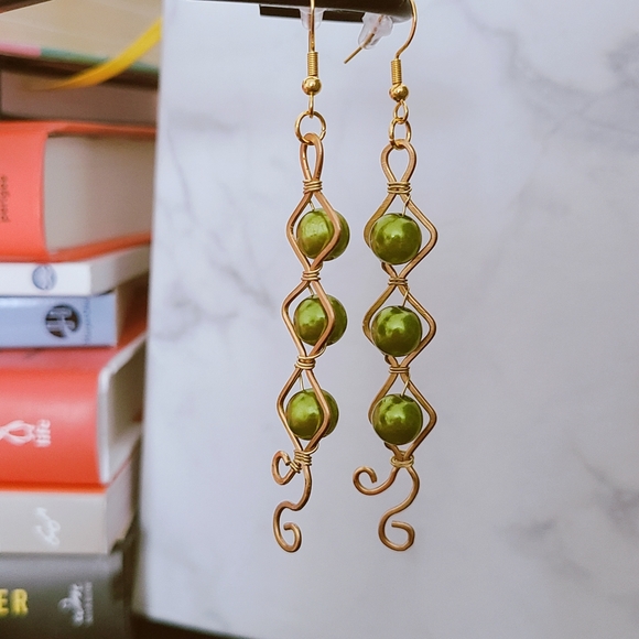 Earrings - Olive Beads Wrapped in Brass - Picture 1 of 4